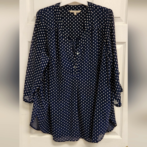 41 Hawthorn Tops - Womens V Neck Blouse Small Floral Print 3/4 Sleeve Blue & White Size 2X